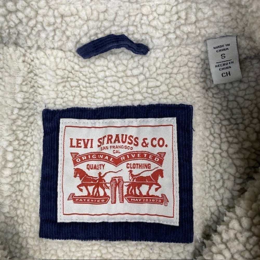Levi Strauss Mens Navy Blue Corduroy Sherpa Lined Trucker Jacket Small S - Picture 2 of 12